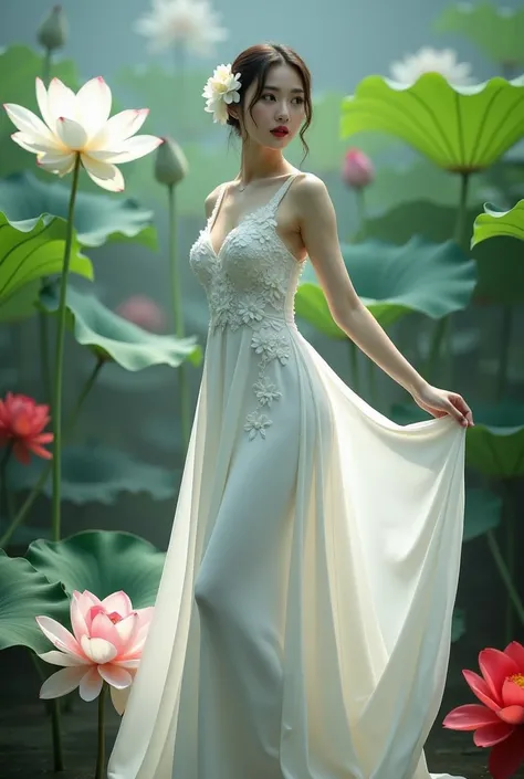 a woman in an elegant, flowing white gown adorned with floral designs. She is standing in a serene environment surrounded by large lotus flowers in various colors, including white and red, along with broad green leaves. The setting resembles a tranquil gar...