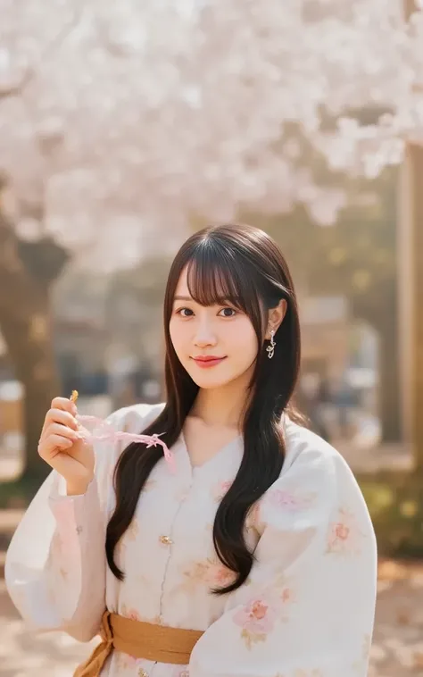 A beautiful young Japanese woman with a cute and charming expression, soft and natural makeup, big sparkling eyes, and a gentle smile. She has straight black hair with soft bangs, wearing a pastel-colored kimono with floral patterns, standing in a serene J...