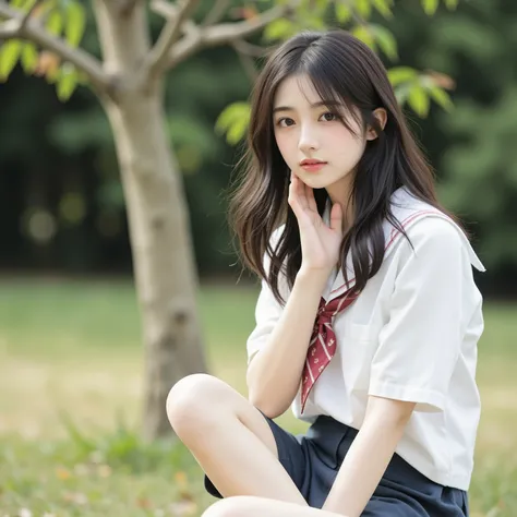 A stunningly realistic photograph of a Japanese high school girl sitting on the grass of the school sports field, leaning slightly forward and resting her cheek on one hand while gazing directly into the camera. She has shoulder-length wavy black hair, a g...