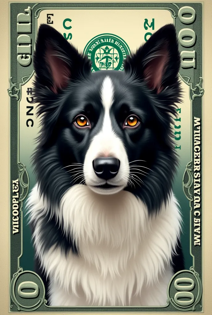 A horizontal $100 bill with a female Border Collie in the center (only the face)