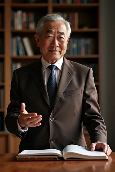 A wise Korean mentor, 60-70 years old, dressed in a refined dark brown suit, standing in front of a large wooden table in a modern office with a bookshelf in the background. His eyes are sharp and full of experience, looking directly at the viewer, conveyi...