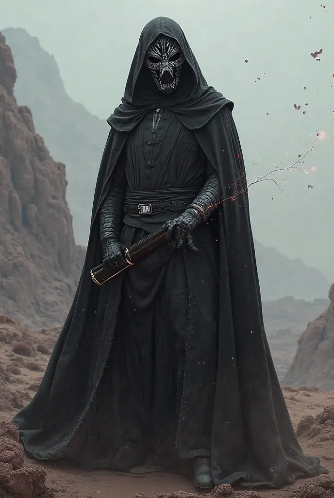 thin, well-built dark lord from star wars with black and white lightsaber ,dressed in a black and white robe and unique dark mask with special white elements 