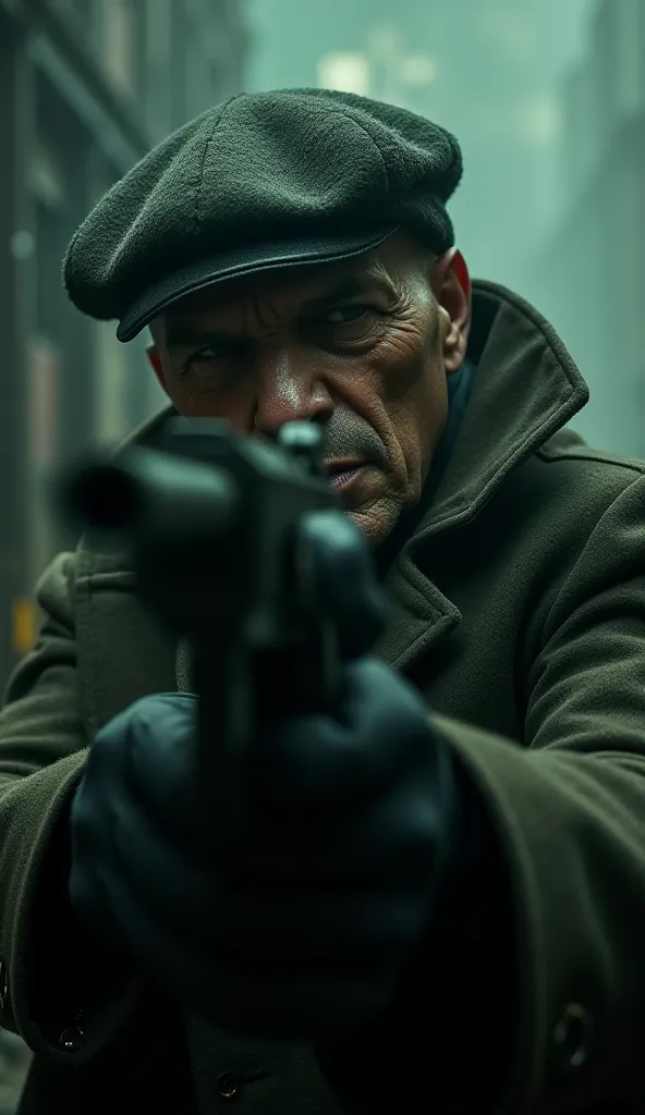 "A towering, humanoid Green Pheasant mafia boss, wearing a dark wool coat and a vintage newsboy cap, aiming a Thompson submachine gun with intense focus. His face is a blend of a Green Pheasant’s majestic features and human-like expressions, exuding power ...