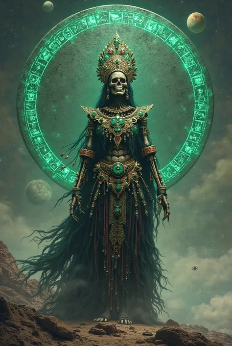 Santa Muerte wearing pre-Hispanic garments with circular monolith inlaid with jade with the planets aligned