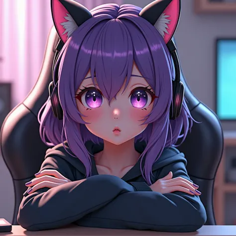 A high quality image, a girl with purple hair, purple eyes, black headphones with cat ears, sitting in a gaming chair, pouting expression, pressing her arms on her breasts over her sweatshirt.
