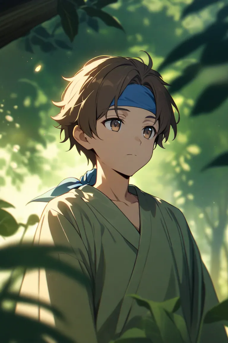  A brown-haired boy ,  hazel eyes,with a blue bandana on her forehead 