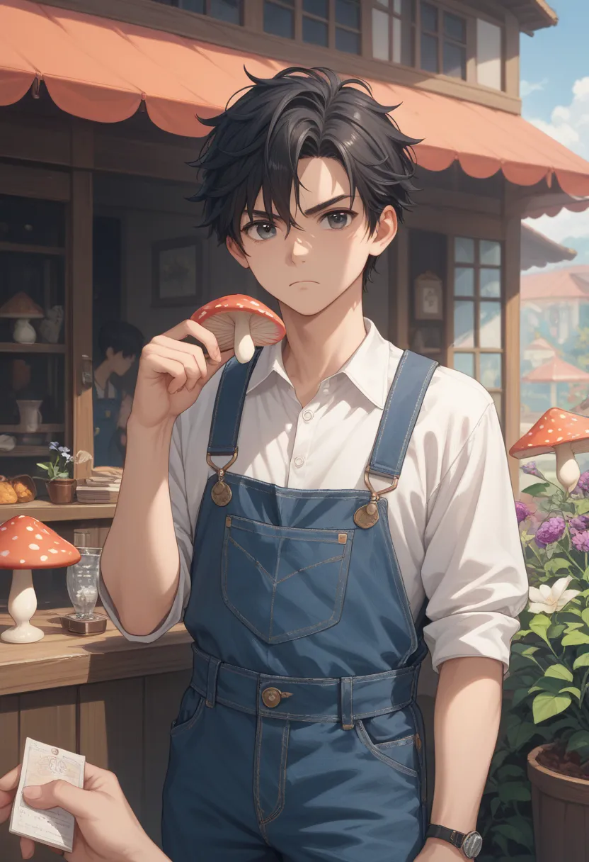 A shogunate，boy，black hair，glare，Orchid finger，Holding a mushroom in hand，Overalls， fluttering hair，cute，