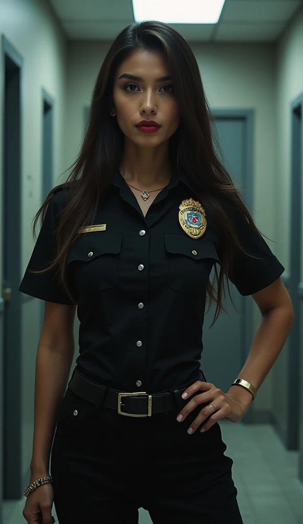 Jane, 官能的in魅力的な警官,  standing confidently in front of a brightly lit interrogation room.  she is wearing a standard uniform,  with a tight black shirt that accentuates her curves、彼女の引き締まった脚にぴったりとフィットする黒いパンツin構成されている. Her long,  her silky hair cascading down...