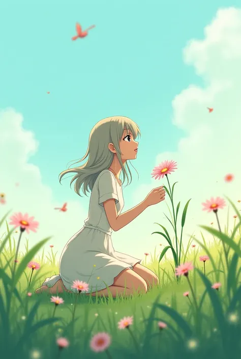 A beautiful anime girl squatting on a green field while trying to reach for a flower (Point of view from the flower) (View image at a steep angle from right upwards) 