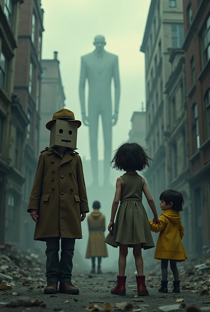 City in ruins, dimly lit , several buildings in the background, with a long, big man in a hat and yellow gray suit between the buildings, in the larger middle, two boys one dressed in a brown coat and a paper bag on her face with two holes and on her side ...