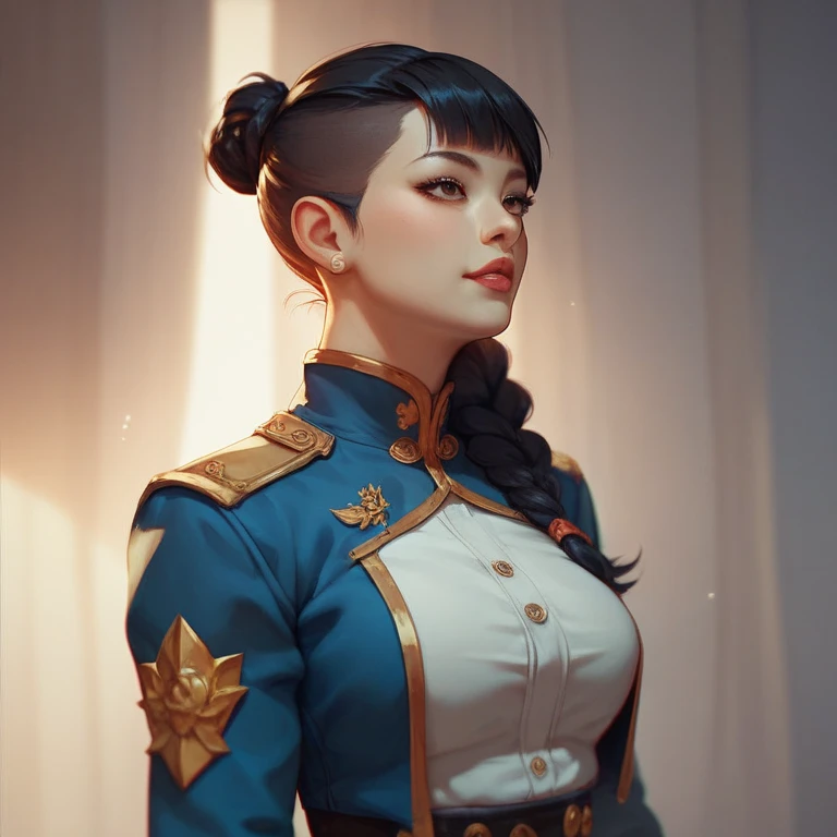 She is a slim Asian woman of average height. She has very dark brown eyes and straight black hair cut to shoulder length. She wears no jewelry of any kind. She wears the standard blue women's uniform of Saga Dealership.