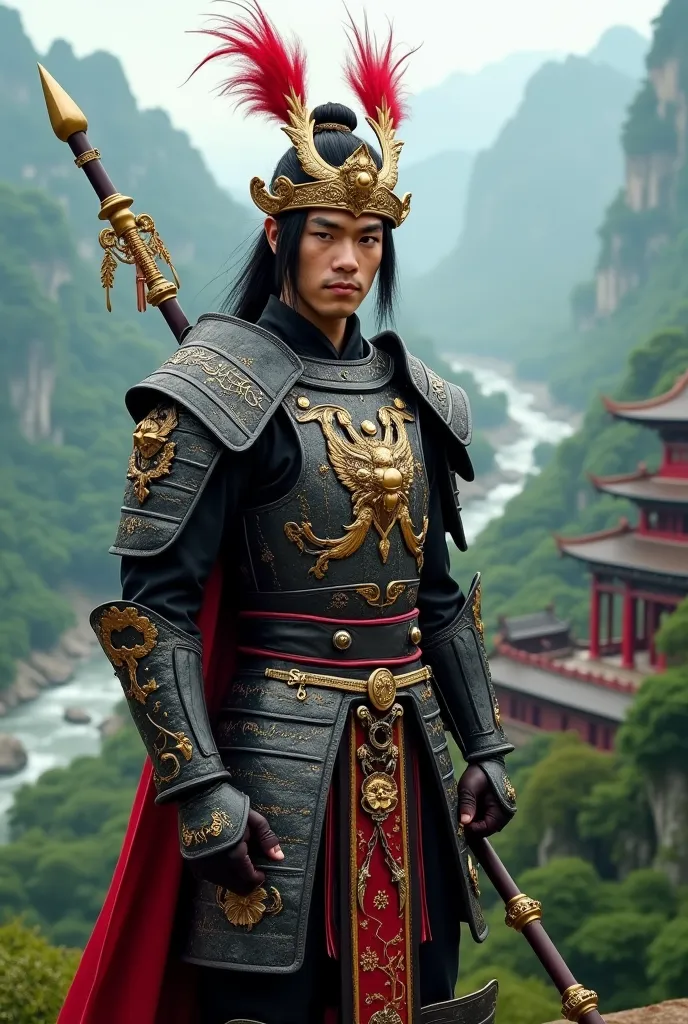 Close up,Front view of the black mythical film character Wukong, a young and handsome knight, wearing a colossal and epic Chinese battle armor, a combination of black, red and gold, wearing a golden crown decorated with two long red bird's tail feathers, c...