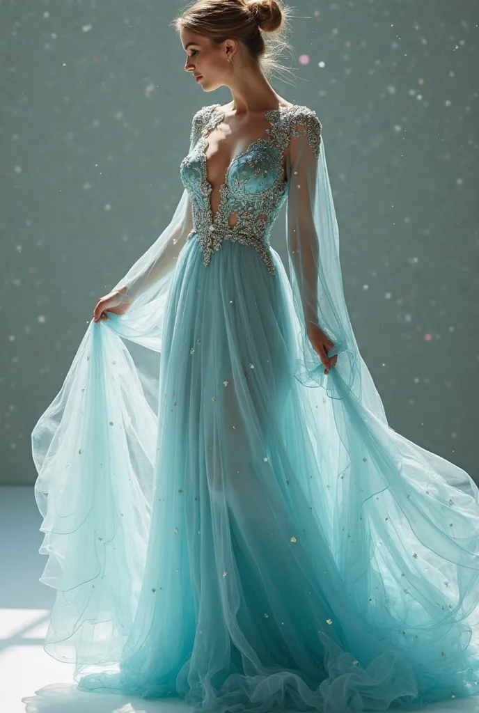 breathtaking gown that combines elegance with a touch of ethereal beauty. The dress is crafted from layers of delicate silk chiffon, flowing like the ripples on a calm river. The fabric is soft and translucent, with a shimmering, water-like sheen that capt...