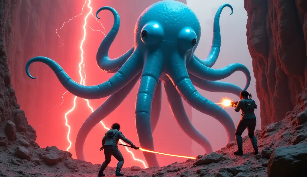 Dynamic shot from a high angle of a towering soft-bodied creature looks like an octopus (500 ft tall, glowing blue, with short whip-like tentacles) swinging a whip-tentacle, hitting a tense man (5'11", messy black hair, scarred hands, gray suit) against a ...