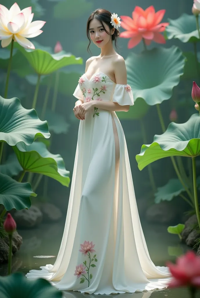 a woman in an elegant, flowing white gown adorned with floral designs. She is standing in a serene environment surrounded by large lotus flowers in various colors, including white and red, along with broad green leaves. The setting resembles a tranquil gar...