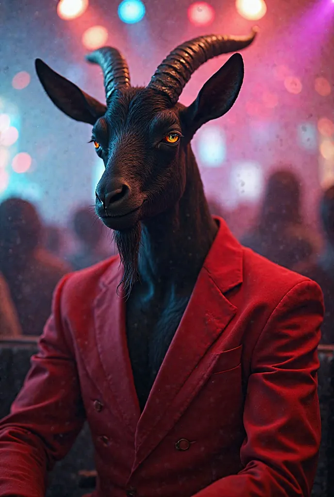 Black goat in a red suit is white,Sitting in a nightclub club with various disco lights realistic image realistic image 