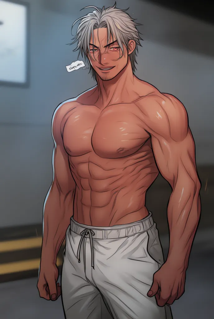  A TALL MAN, imposing, athletic,  blue-eyed hair,  glowing eyes, messy hair, white hair,  with a smile on its face , shirtless, wearing white sweatpants, with a sexy and attractive smile on her face, looking at the viewer