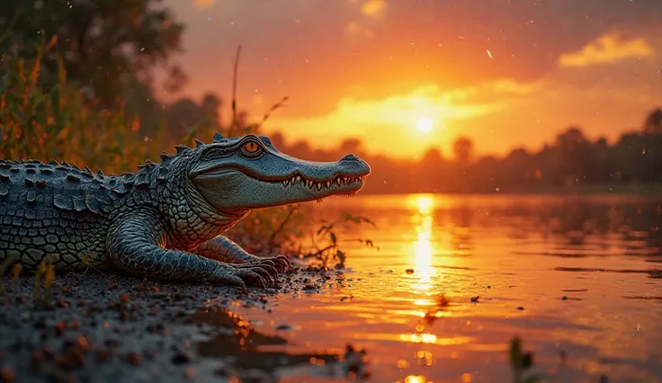 Crocodile and sunset seen in river side (realistic photo)