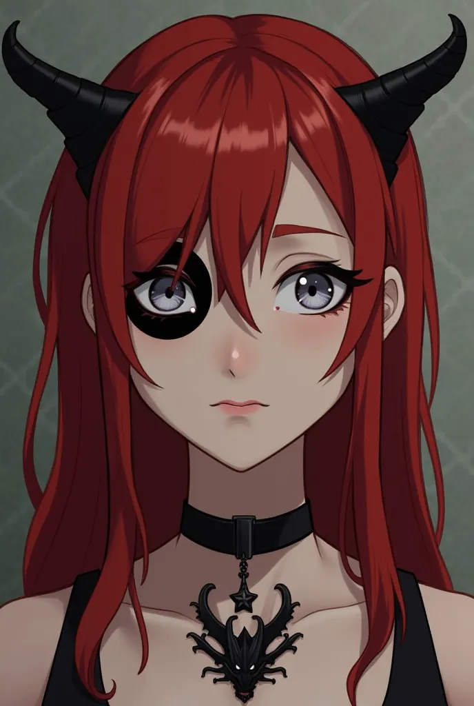 *April has red hair and half of her front hair was black and had sliver eyes and demon horns and a demon tail and had a big round black mark around her left eye and a black dragon necklace around her neck and a star shaped birthmark on her neck*