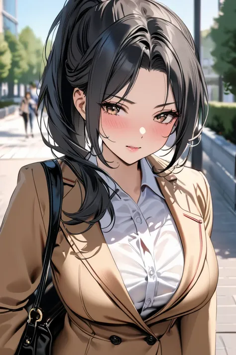 top quality, masterpiece, Hi-Res, 8k, (1 girl ), Alone. sexy, (bust shot), ( Fashionable Outfits), Black hair ponytail, Mature Woman, ((( Impatient Expression ))), female college student, Walking around campus