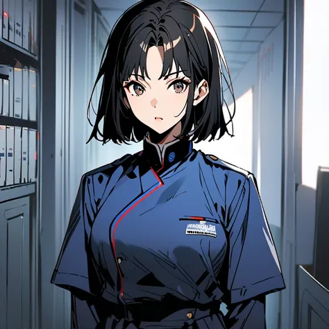 She is a slim Asian woman of average height. She has very dark brown eyes and straight black hair cut to shoulder length. She wears no jewelry of any kind. She wears the standard blue women's uniform of Saga Dealership.