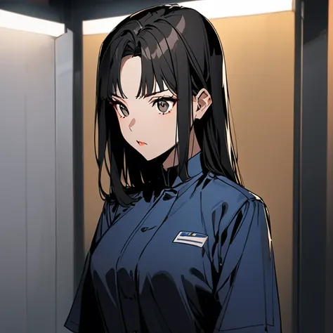 She is a slim Asian woman of average height. She has very dark brown eyes and straight black hair cut to shoulder length. She wears no jewelry of any kind. She wears the standard blue women's uniform of Saga Dealership.