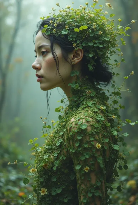 I want to create a girl. Side profile. Beautiful face. Reborn from a fire. Polluted from a toxic environment. Her whole body is protected by sprouts. Green sprouts growing very well.