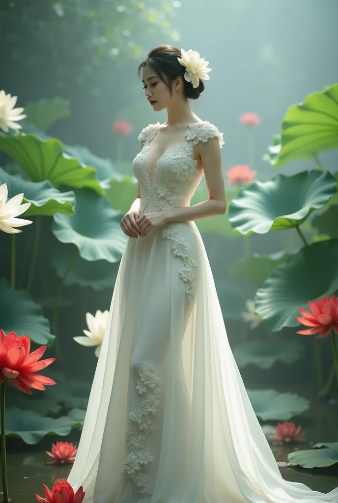 a woman in an elegant, flowing white gown adorned with floral designs. She is standing in a serene environment surrounded by large lotus flowers in various colors, including white and red, along with broad green leaves. The setting resembles a tranquil gar...