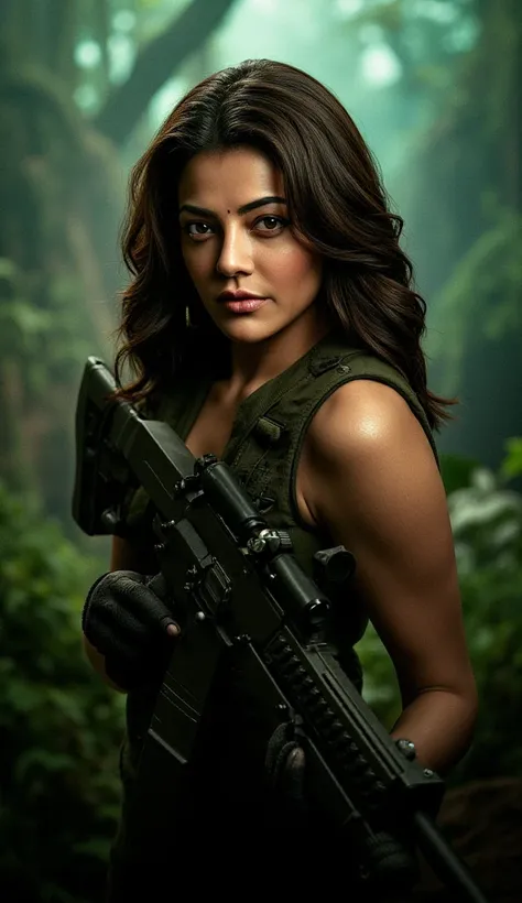 Very beautiful and charming actress Kajal aggarwal as a sniper elite holding her Barrett m82 rifle, posing for picture. Hyper-realistic, 4k, cinematic, mystic jungle background.