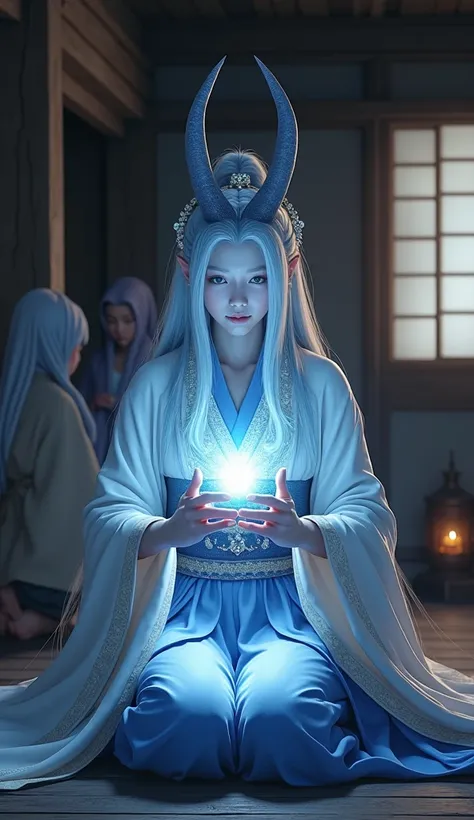 A photorealistic scene set in the Heian period of Japan, featuring a 32-year-old blue-skinned female oni with elegant, curved horns and long, silky silver hair. She wears a traditional white and blue kimono with delicate embroidery, flowing gracefully as s...