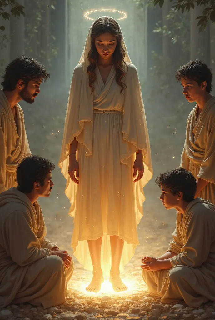 A symbolic scene of the mother’s feet glowing with divine light, as the father and brothers realize the deep wisdom in the youngest son’s actions