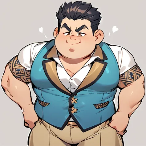 He is a pudgy Asian guy, with large cheeks and a double chin. He has slanted brown‐colored eyes. His brushed black hair is curved, with the sides of his head shaved.

He wears Saga company’s costume - white shirt, Polynesian‐blue waistcoat, and beige trous...