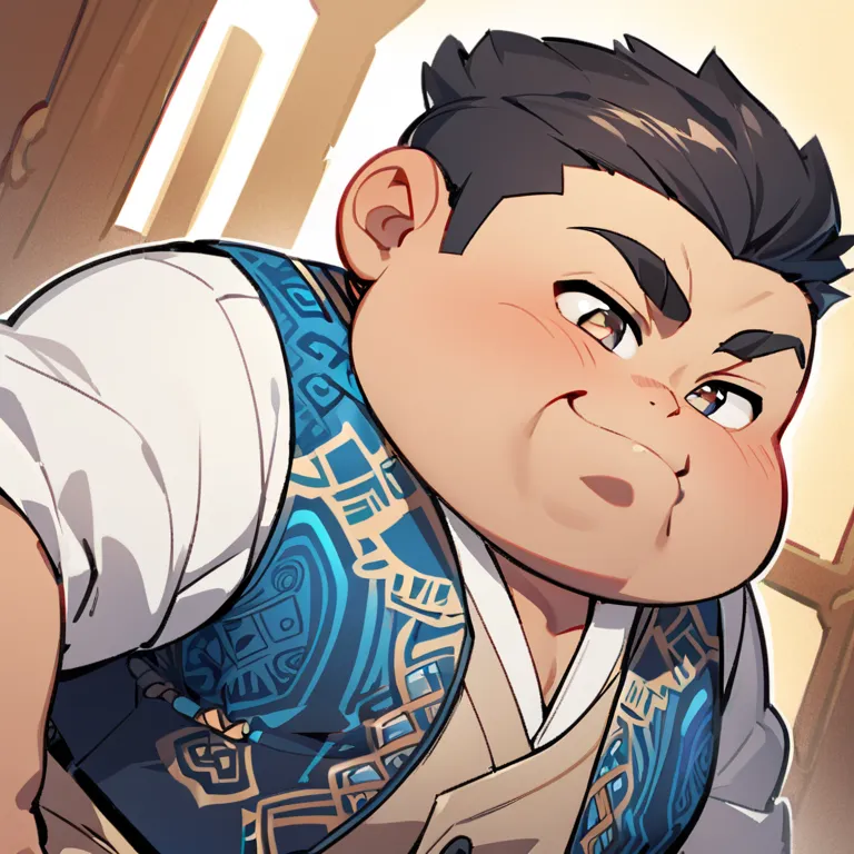 He is a pudgy Asian guy, with large cheeks and a double chin. He has slanted brown‐colored eyes. His brushed black hair is curved, with the sides of his head shaved.

He wears Saga company’s costume - white shirt, Polynesian‐blue waistcoat, and beige trous...