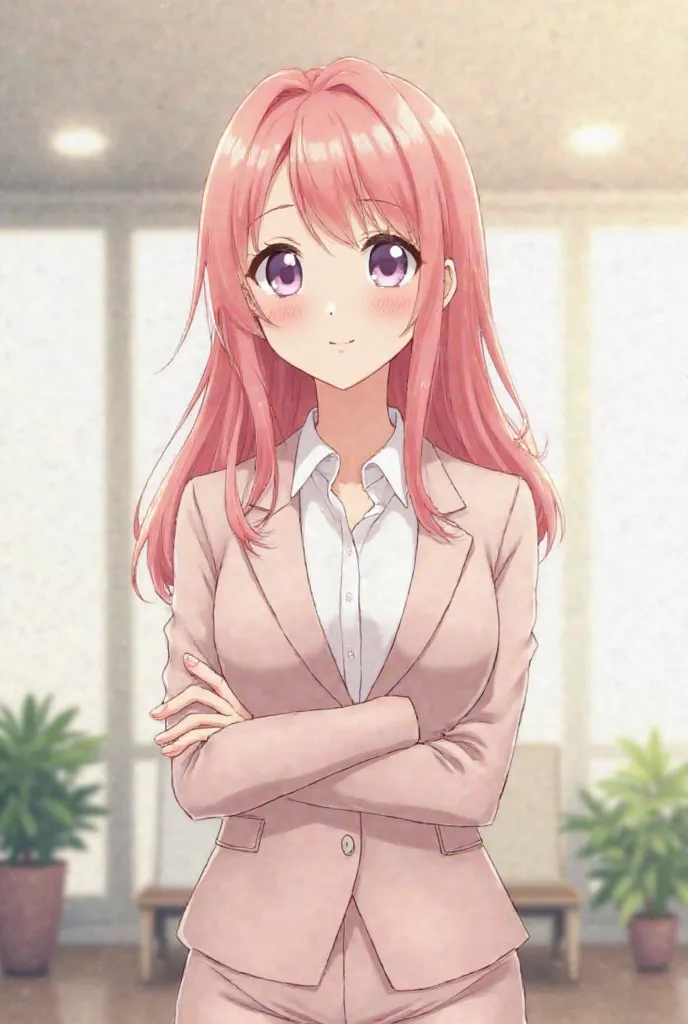 Create an anime-style image of a serene, pure-hearted woman with soft pinkish-red hair, slightly wavy, flowing past her shoulders. Her eyes are large, gentle, and light-colored, possibly lavender or soft pink, radiating kindness and calm. She is dressed in...