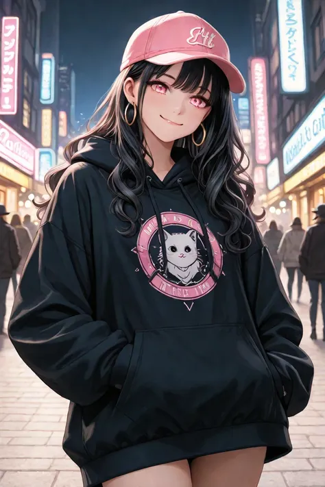  black hair、 long wave hair、pink eyes、 gal、 large black hoodie 、Hoop Earrings、 galピース、Night City、big breasts、smile、 cap