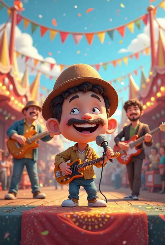 Create a small male avatar wearing a brown cap behind a mustache singing in the electric trio at carnival