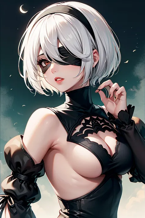 masterpiece, best quality, absurd, highres, newest, 1 girl, solo, night, moon, 2B (nier:automata, yorha no. 2 type b, 1 girl, Blindfold, breasts, cleavage, cutout neckline, cutout neckline, clothing cutout, green background, hair between eyes, headband, hi...