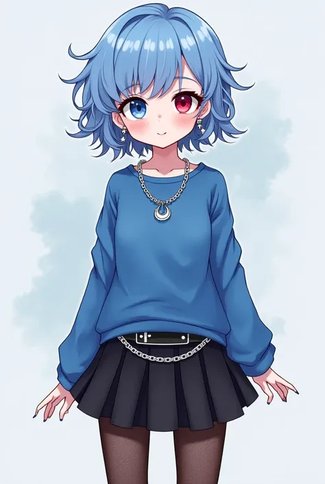  Create an anime-style character, with crimped wavy and short Serenity blue hair, big eyes one blue and the other red,  thin waist, small breasted, she wears a pleated black skirt with a chain belt, black fishnet stockings, She is a blue sweatshirt,  wears...