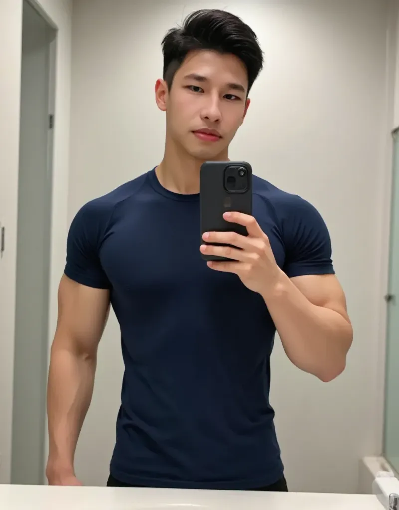 A man wearing a navy shirt with short sleeves, round neck and body style , Bathroom Mirror Selfie iPhone 15 Case Black Muscle Korean Male , Six pack, Clear skin, Strong chin,  Shiny Black Hairstyle COMMA  , LeeMinho 1  ,  White Balance  , Sweetie,  Vein , ...