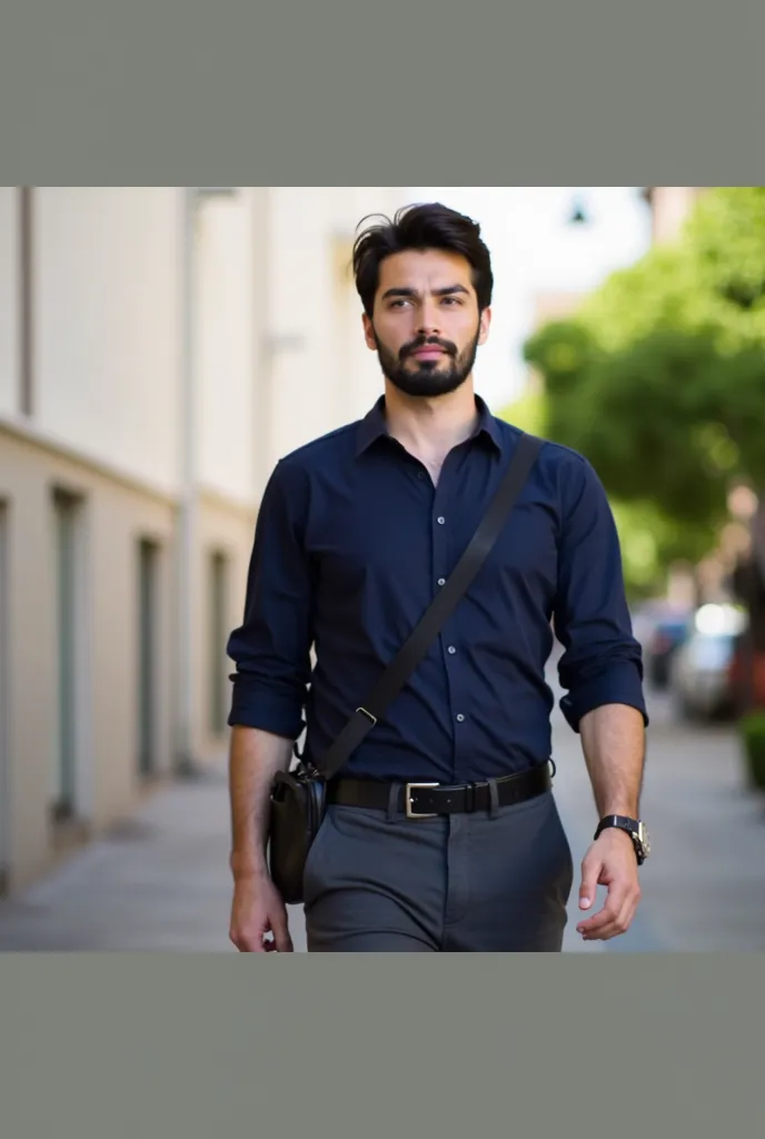 Young man standing in a luxurious room with ornate decorations. he is wearing a white button-down shirt with a deep v-neck and dark blue jeans. he has a black belt around his waist and a watch on his left wrist. his hair is styled in a slicked-back manner ...