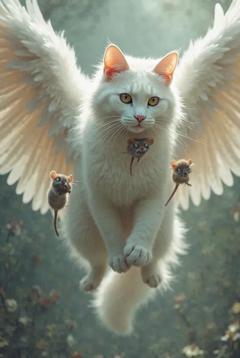 A white cat with wings, Turning my head forward, Holding 4 mice with their teeth 