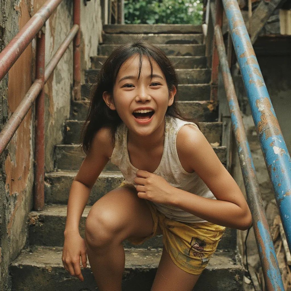  Old and Dirty Stairs in a Philippine Slum ,taken from the side,brown skin, middle school girl, dirty white tank top , dirty yellow jersey shorts, rough skin,Dirty Skin, is laughing