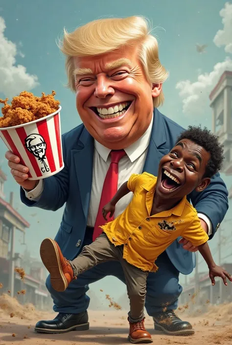 Donald trump holding a bucket of KFC fried chicken while smiling and also drop kicking an African a  that’s wearing an old dirty yell shirt with holes