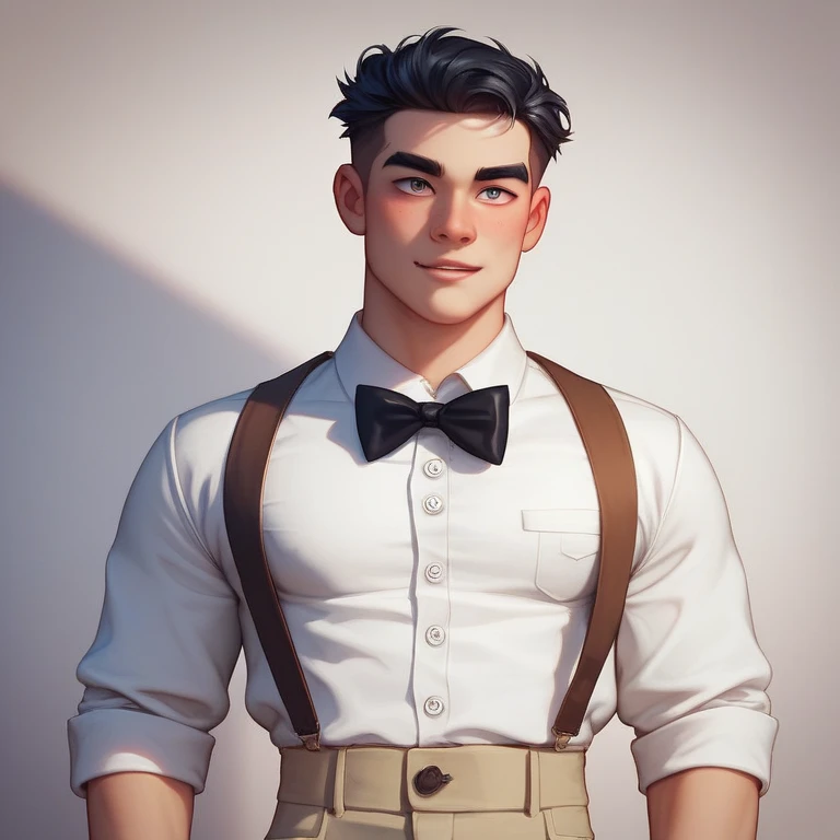 He is a pudgy Asian guy, with large cheeks and a double chin. He has slanted brown‐colored eyes. His brushed black hair is curved, with the sides of his head shaved.

He wears Saga company’s costume - white shirt, Polynesian‐blue waistcoat, and beige trous...