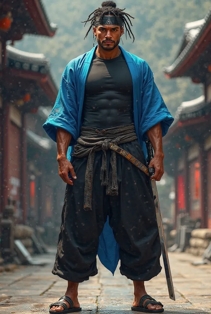  male with a toned body with caramel skin color with 4 cornrows and a headband wearing Black compression shirt with a blue haori, with black baggy pants and zori for shoes, with a katana on my waist