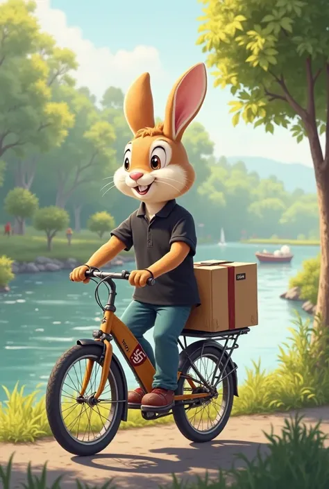 Character: JBH, a cheerful Rabbit, is wearing a sweet black polo T-shirt athat fits him snugly, black watch giving him a cute and approachable look.full pant and full body is rabbit body
Action: He is riding a sturdy bicycle, pedaling with enthusiasm. Atta...