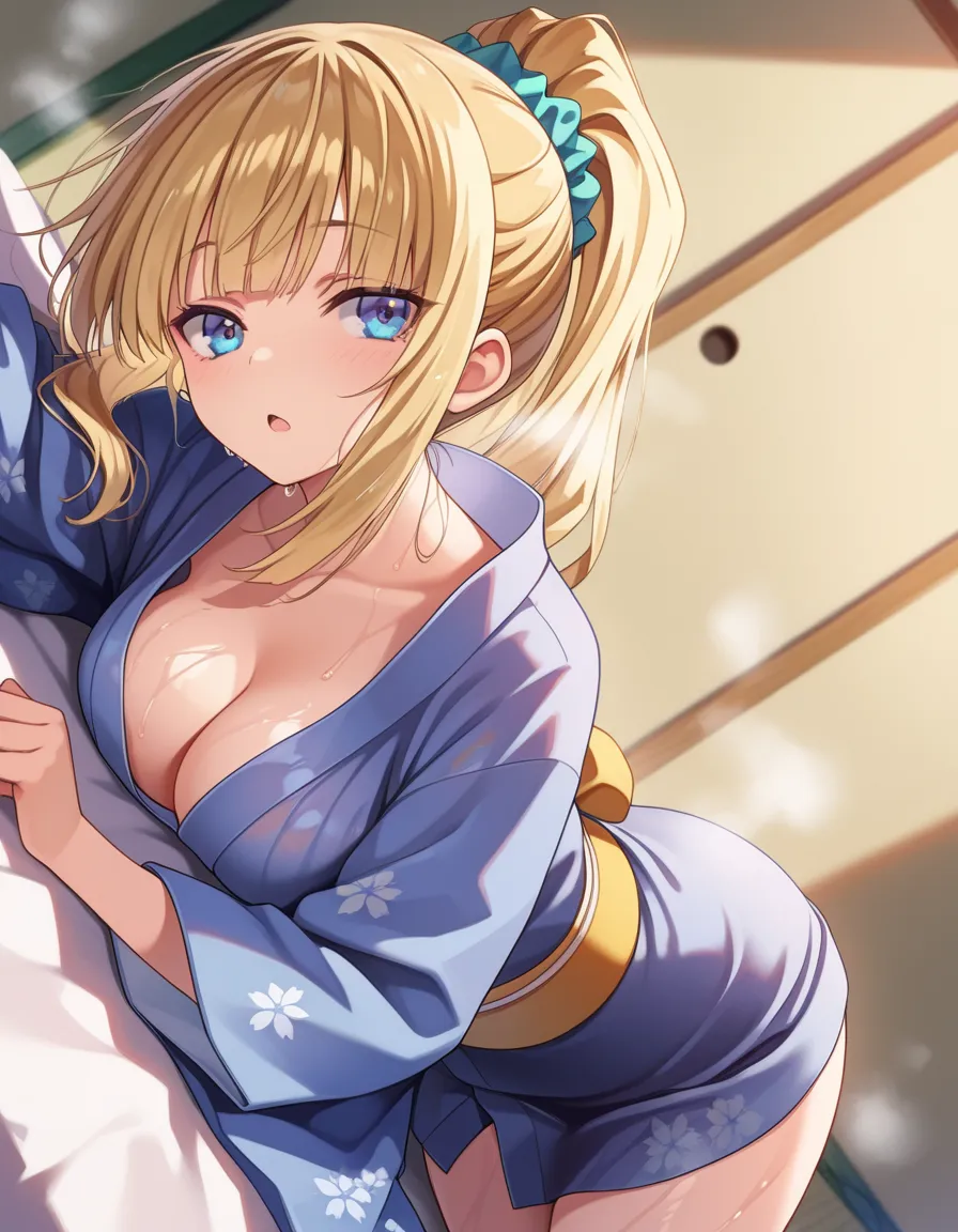 masterpiece, best quality, absurdres, safe
1girl kei karuizawa hair scrunchie blonde hair ponytail blue eyes
,,, , indoor, bed,, tatami, , kimono, indoor, , looking at viewer, dutch angle, cowboy shot, lying, ,, cleavage, (wet body), , , (steam:1.3),, , , ...