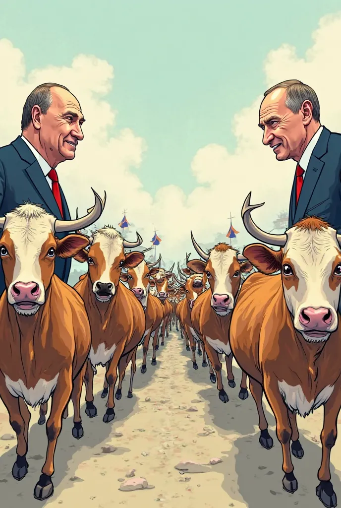 Create a cartoon of cattle moving from Zelensky's side to Putin's side