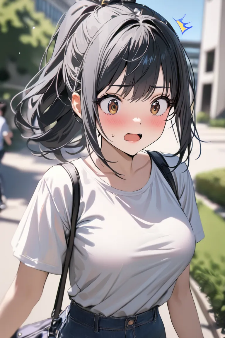 top quality, masterpiece, Hi-Res, 8k, (1 girl ), Alone. sexy, (bust shot), (casual outfit), black hair ponytail, (((Surprised impatient expression))), female college student, Walking around campus