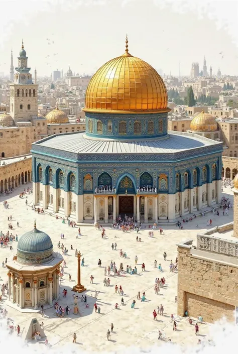  **The Al-Aqsa Mosque**: A simple drawing of the mosque featuring the golden dome and surrounding courtyards